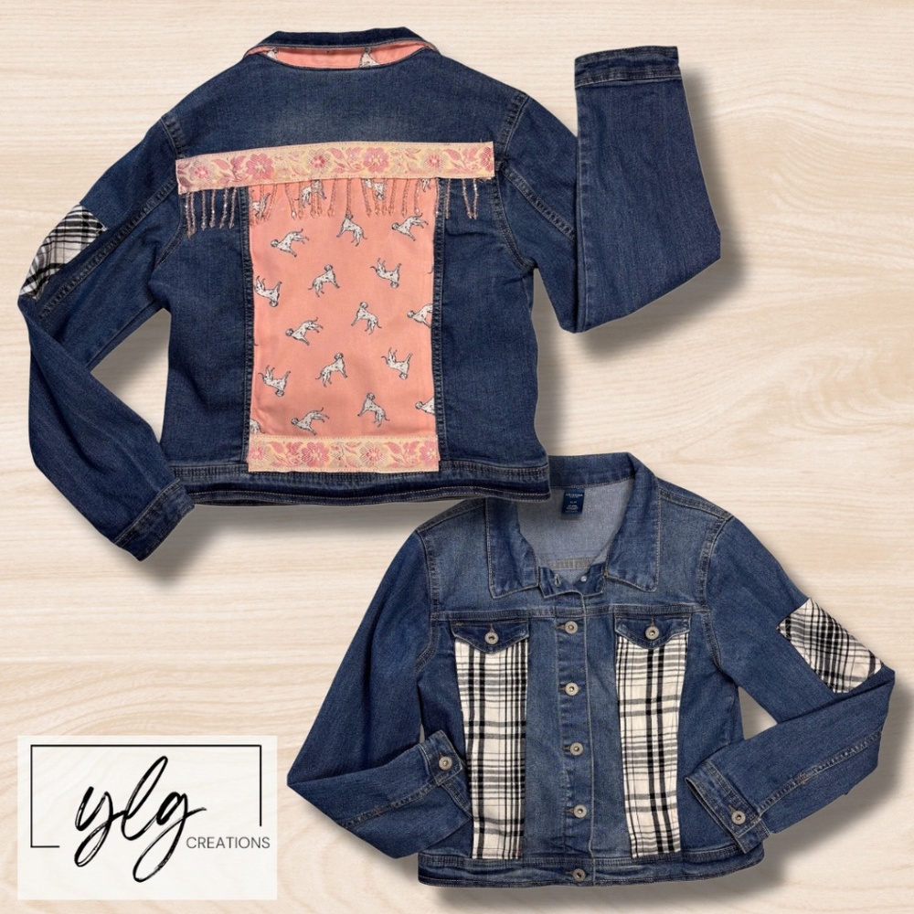 Dog Embellished Denim Trucker Jacket Beaded Girlie Dalmatian Flannel Farmhouse